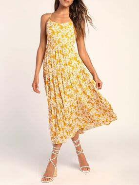NWT Lulus Catching Sunrays Mustard Yellow Floral Print Midi Dress